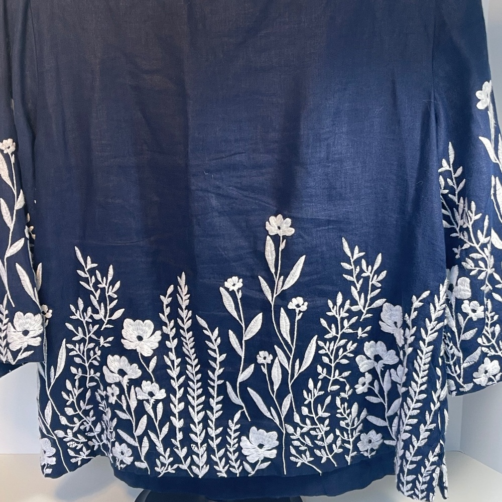 Charter club 100% linen embroidered 3/4 sleeve blouse - Picture 7 of 10